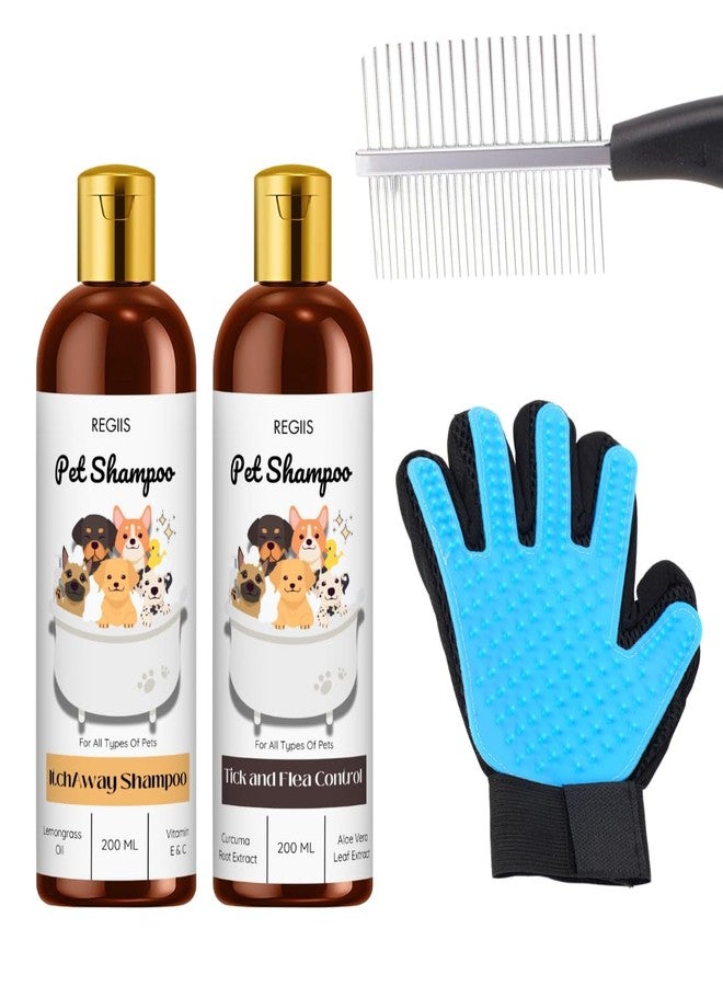 مجموعة العناية بالحيوانات الأليفة مع شامبو لمكافحة القراد والبراغيث، وشامبو مضاد للحكة، 200 مل لكل منهما، وقفاز للعناية بالحيوانات الأليفة، مجموعة العناية بالكلاب الفاخرة (عبوة من 4 قطع) - Image 1